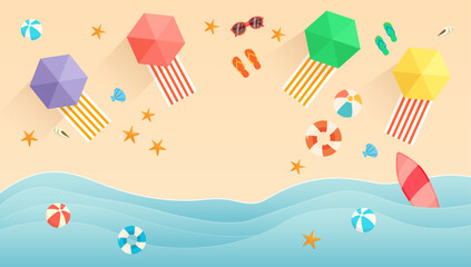 Top view beach background. Paper style. Vector illustration. Template for text
