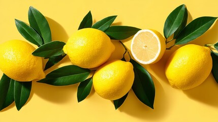 Bunch of lemons with green leaves on top. The lemons are yellow and are placed in a row