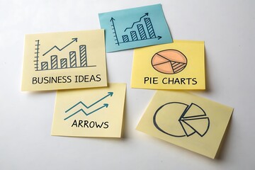 Hand-Drawn Business Concepts: Charts Arrows and Ideas on Colorful Sticky Notes.