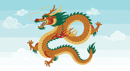 Obraz premium A traditional Asian dragon artwork featuring a fierce, coiled dragon with a golden and black color scheme. Flames and clouds surround the dragon, enhancing its mythical aura.