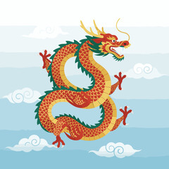 Fototapeta premium A traditional Asian dragon artwork featuring a fierce, coiled dragon with a golden and black color scheme. Flames and clouds surround the dragon, enhancing its mythical aura.