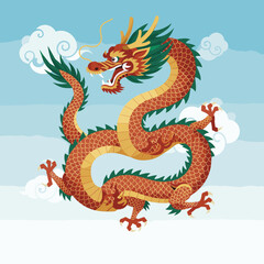 Fototapeta premium A traditional Asian dragon artwork featuring a fierce, coiled dragon with a golden and black color scheme. Flames and clouds surround the dragon, enhancing its mythical aura.