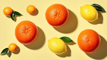 Close up of oranges and lemons on a yellow background. The oranges are of different sizes and the lemons are yellow and green
