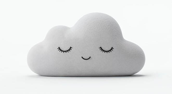 Sleepy cloud pillow isolated on white background, cartoon plush, fluffy fabric, front view