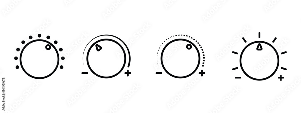 Poster volume control knobs icons set in line style. black round turning switches, knob switches high to lo