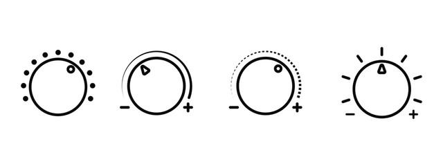 Volume control knobs icons set in line style. black round turning switches, knob switches high to low volume speed controller set in outline. vector illustration.