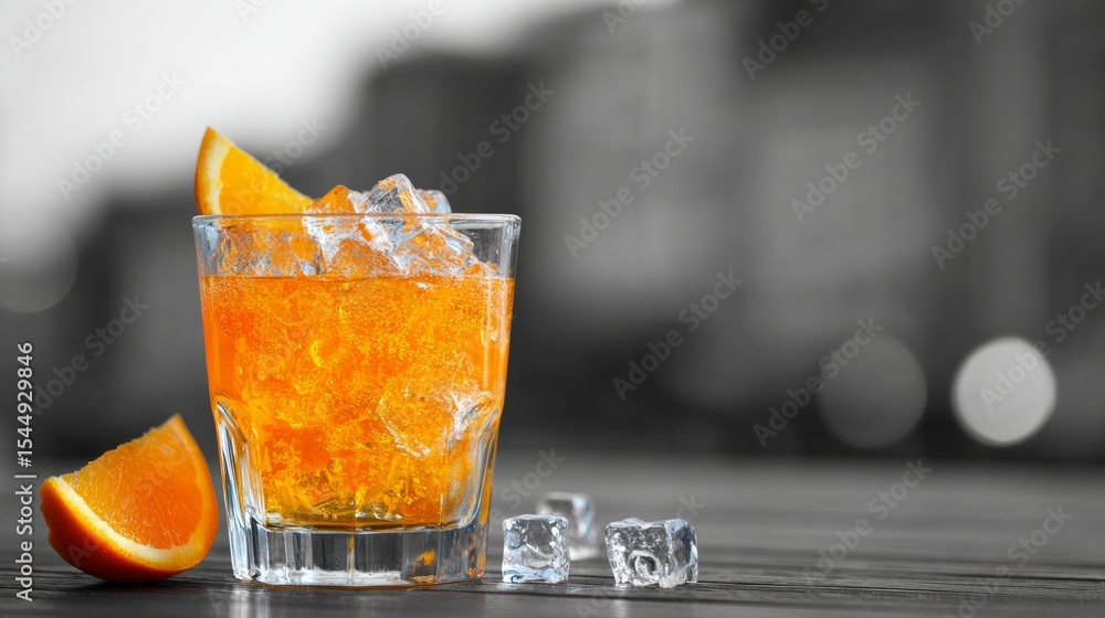 Aufkleber glass of orange juice with ice cubes and an orange slice on the side. the image has a mood of relaxa