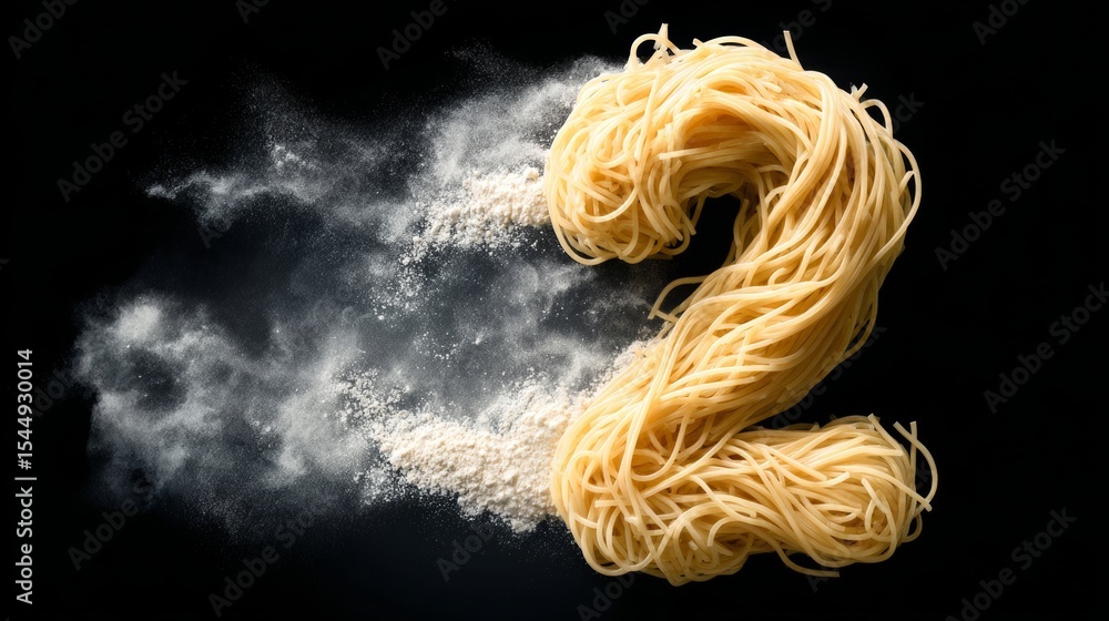 Poster long string of noodles is written as the number 2. the image has a playful and whimsical mood