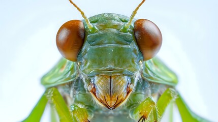A sharply focused close-up of a cicada face showing compound eyes and mouthparts, clean white background and controlled lighting