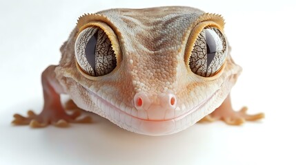 A sharp close-up of a gecko face with fine skin patterns, large eyes and textured scales on a white background, focused and evenly lit