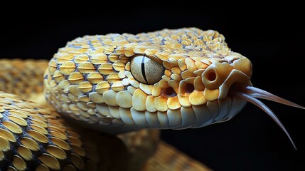 Close-up of a viper face showing detailed scales, heat-sensing pits and fangs, isolated on a black background with controlled lighting