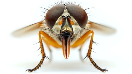High-resolution macro of a robber fly face with fine hairs and piercing mouthparts, focused lighting on a clean white background