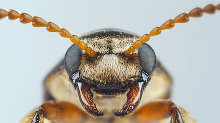 Macro image of a bark beetle face showing fine mandible detail and antennae texture, well-lit on a plain white background