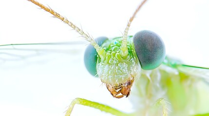 Macro photo of a green lacewing insect face with delicate features and clear wing texture in a bright white background setting, sharp and well-lit