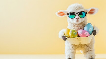 Playful lamb wearing sunglasses carrying painted Easter eggs on a light yellow background with clear space for seasonal text
