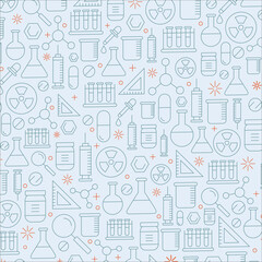 Education doodle seamless pattern. Science line hand drawn elements - mathematics formula, chemistry molecule, dna, graph, scientific experiment vector repeated background