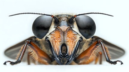 Sharp macro of a dobsonfly face displaying large jaws and complex features against a white background, focused lighting