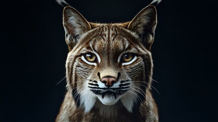 Sharp macro of a lynx face showing tufted ears, piercing eyes and textured fur, detailed and well-lit on a black background