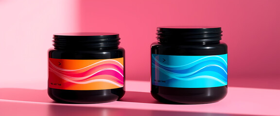 Modern Black Jars with Multicolor Wave Labels, Minimalist Packaging, Luxury Branding Mockup