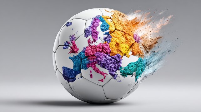 Soccer ball with a colorful globe on it. The globe is made of different colored pieces of paper