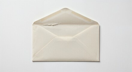 Ripped envelope isolated on white background, opened mail, top-down view, torn seam detail