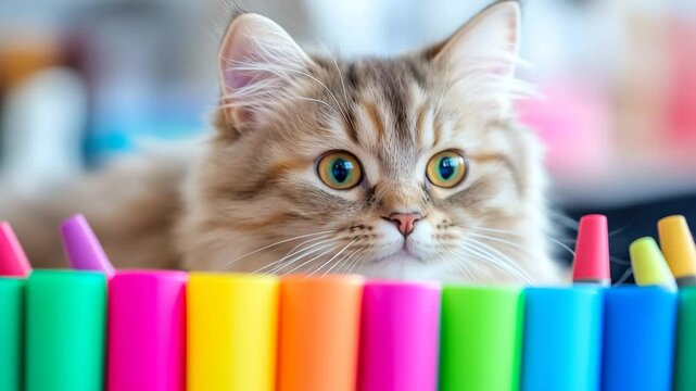 Cute curious cat looking at colorful pens in funny reaction video feline expression motion kitty and marker set