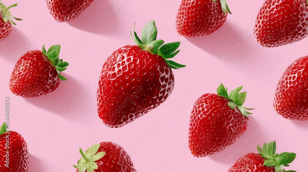 Poster close up of a bunch of red strawberries. the strawberries are arranged in a pattern, with some overl