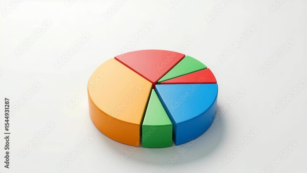 Poster a colorful 3d pie chart with six segments on a white background, showing data visualization and busi