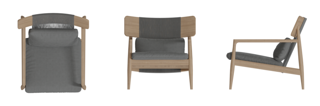 Furniture Lounge Chair Armchair Top View, Front View, Side View. Isolated Transparent Background