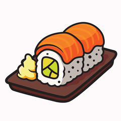 Vector illustration of salmon sushi roll with ginger – cute cartoon japanese food icon