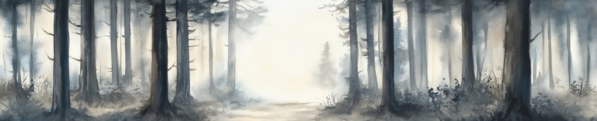 A foggy autumn morning in Wendover Woods is illustrated through a digital watercolor painting of a panoramic landscape