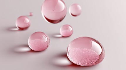 Pink spheres of water with a pinkish tint. The spheres are arranged in a way that they appear to be floating in the air. Concept of lightness and playfulness