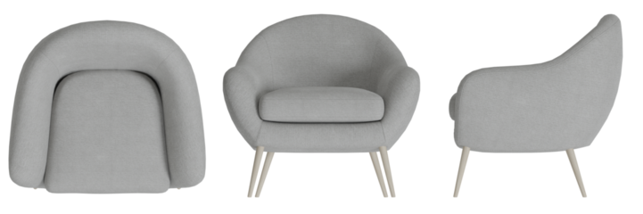Furniture Lounge Chair Armchair Top View, Front View, Side View. Isolated Transparent Background