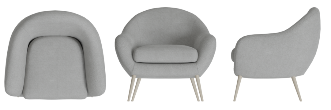 Furniture Lounge Chair Armchair Top View, Front View, Side View. Isolated Transparent Background