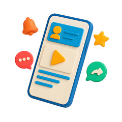 3D Mobile App Interface with Social Media Notification Icons