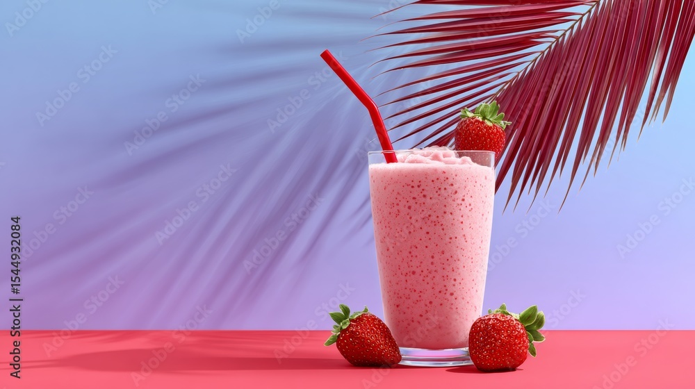 Poster glass of strawberry smoothie with a straw in it is on a table next to a bunch of strawberries