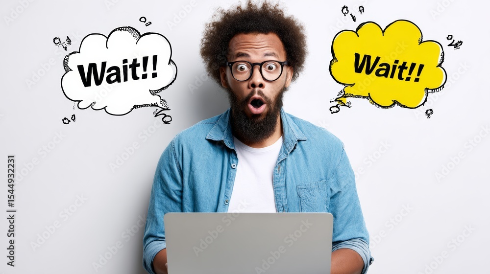 Poster man is looking at a laptop with the words wait! written on the screen. he is surprised or shocked by