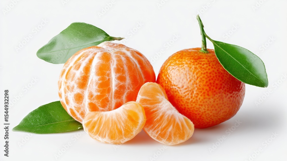 Poster close up of two oranges and a leaf. the oranges are cut in half and the leaf is on top of them