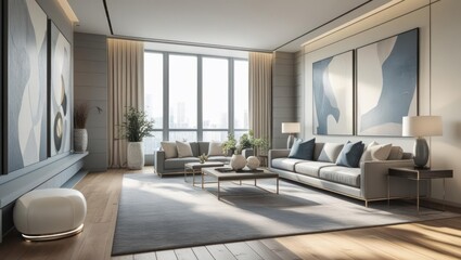 Modern living room with large windows and abstract art.