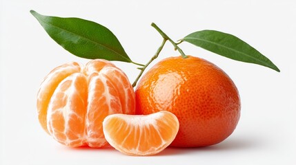 Small orange with a leaf on top of it. The orange is cut in half. Concept of freshness and healthiness