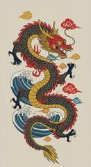 Obraz premium A traditional Asian dragon artwork featuring a fierce, coiled dragon with a golden and black color scheme. 