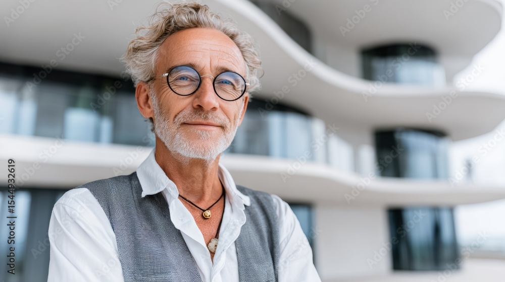 Aufkleber man with glasses and a gray vest stands in front of a building. he is smiling and looking directly a
