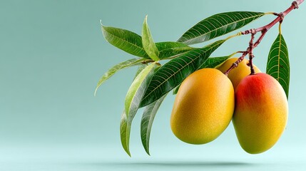 Bunch of ripe mangoes hanging from a tree branch. The mangoes are yellow and green, and the leaves are green