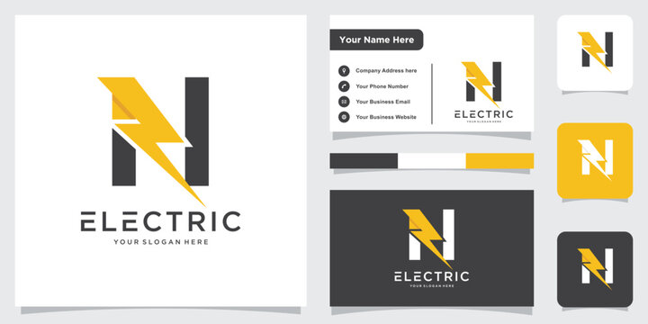 Initial N Letter with Lightning Bolt Logo Vector Design with business card design