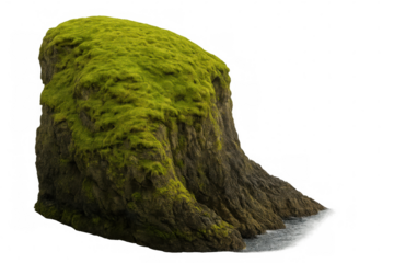 Mossy rock formation with transparent background emerging from water, ideal for photo manipulations