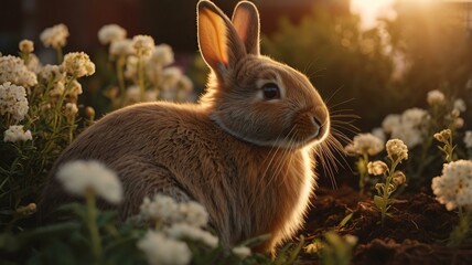 Bunny at Golden Hour in Garden Flowers