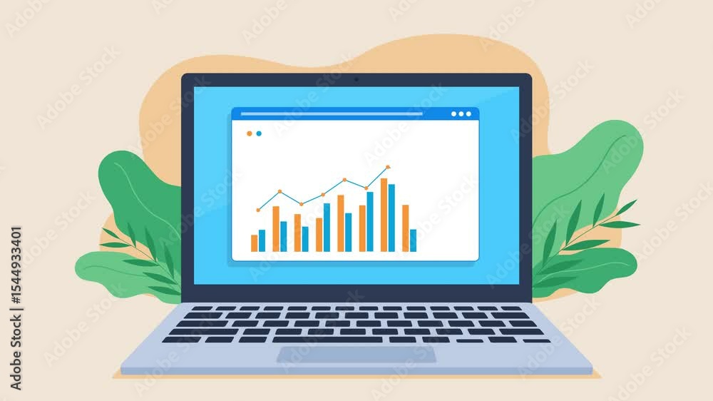 Poster stock market data chart in web page window. bar chart in orange and blue. website with financial dat