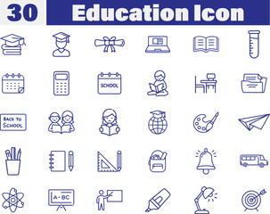 Set of 30 containing education, learning, teacher, book, E-learning, graduation, school subjects, classroom, students and more. Back to school Concept 