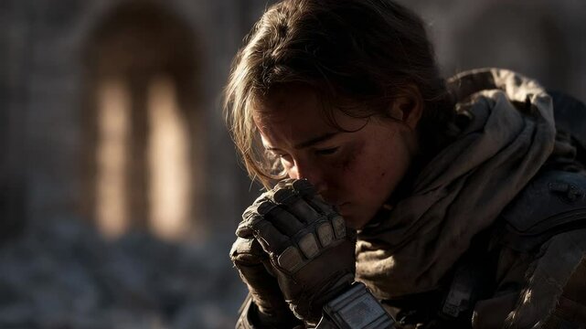 A soldier reflects quietly in a damaged environment at twilight, displaying intense emotion amid the remnants of conflict, symbolizing resilience and determination