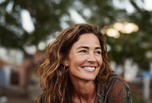 natural mature portrait of smiling woman outdoors, no makeup, visible wrinkles